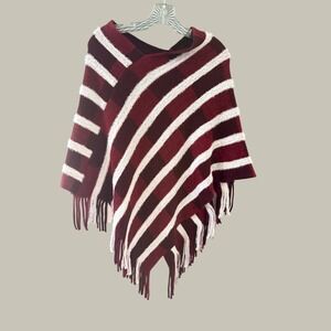 Northern Angel Womens Burgundy Plaid Fuzzy Knit Fringe Poncho Sweater SM